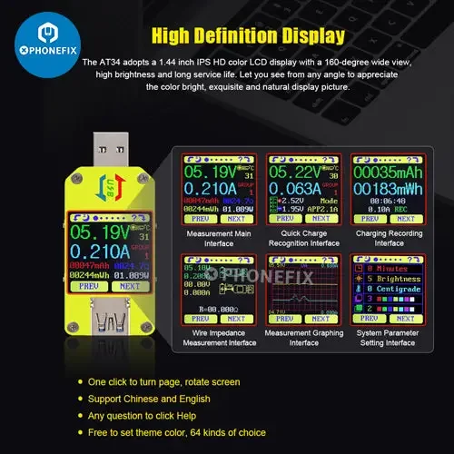 Testeur de tension USB avec écran LCD couleur UM34C UM25C UM24C