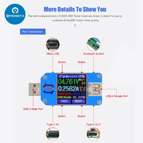 Testeur de tension USB avec écran LCD couleur UM34C UM25C UM24C