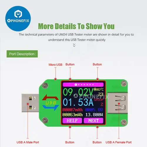 Testeur de tension USB avec écran LCD couleur UM34C UM25C UM24C