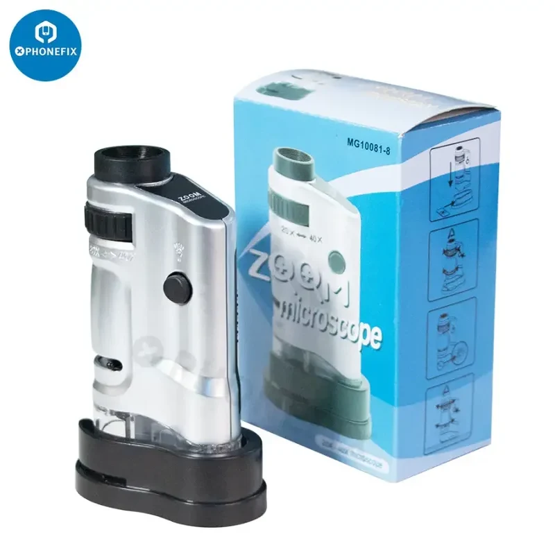Microscope de poche à éclairage LED 20-40X avec loupe zoom et base coulissante