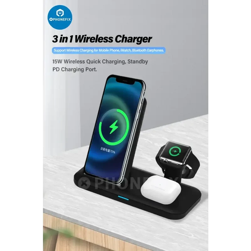 Station de charge sans fil 3 en 1, chargeur rapide pour téléphone, iWatch, AirPods