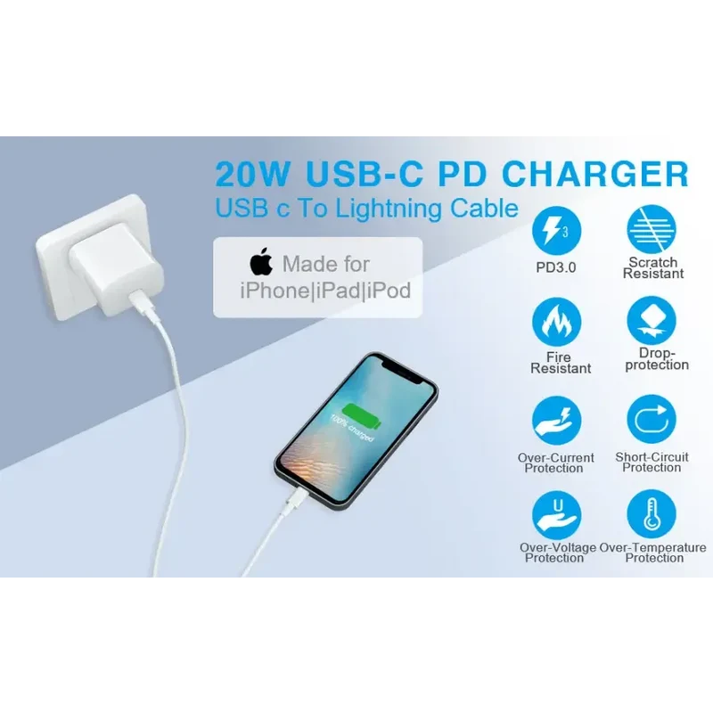 Chargeur mural rapide USB-C certifié 20 W pour adaptateur secteur Apple USB-C