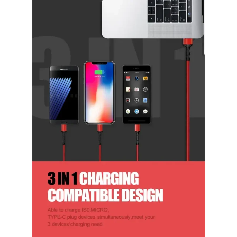 Câble de chargement USB universel 3 en 1 Type-C pour iPhone et Android
