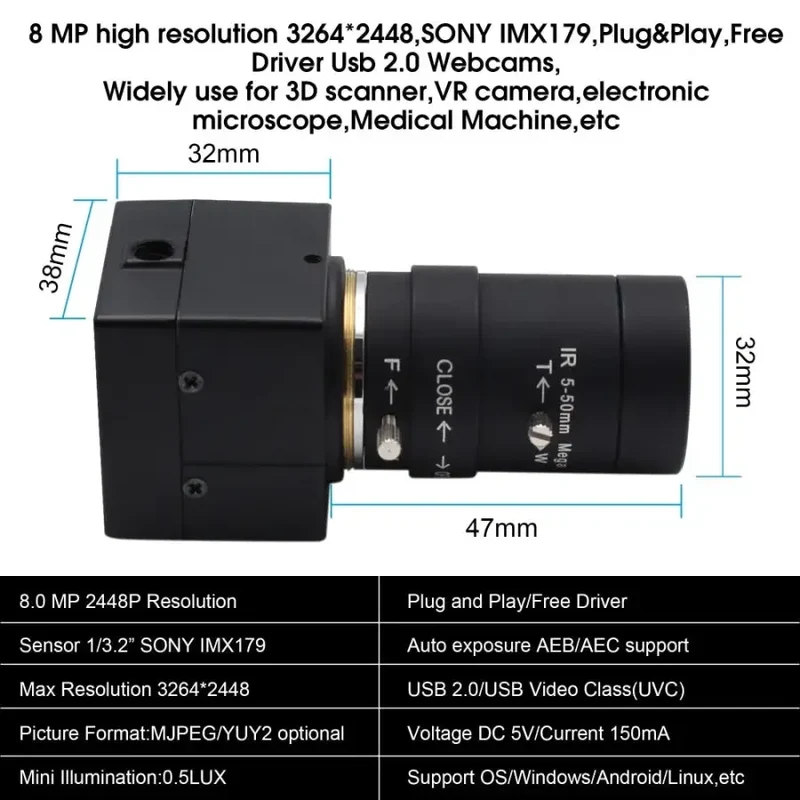 Caméra vidéo industrielle USB haute résolution 8MP CCTV