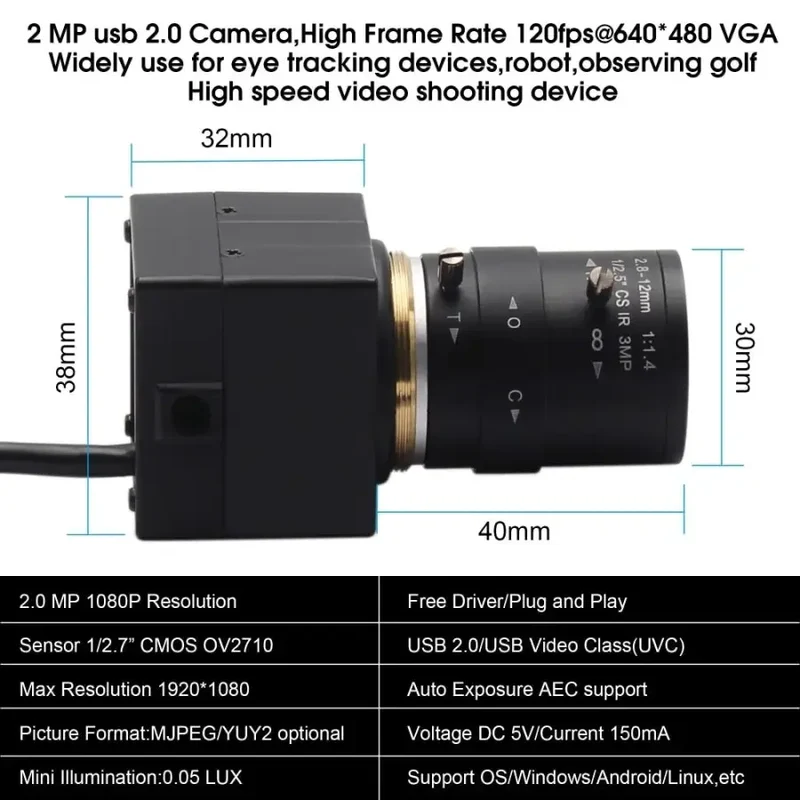 Caméra USB industrielle 120 ips, webcam Full HD avec objectif varifocal