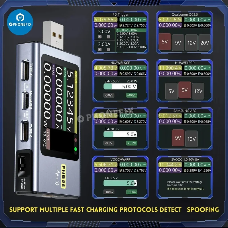 Voltmètre ampèremètre USB FNB48S FNB58, testeur de charge rapide de type C
