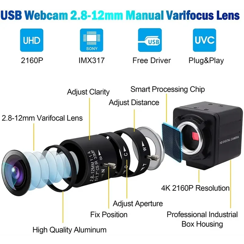 Webcam 4K 8MP HD à focale variable avec zoom optique USB