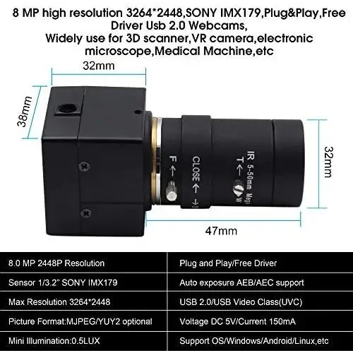 Webcam 4K 8MP HD à focale variable avec zoom optique USB
