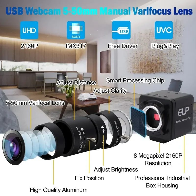 Webcam USB 4K SONY à fréquence d'images élevée avec objectif varifocal manuel