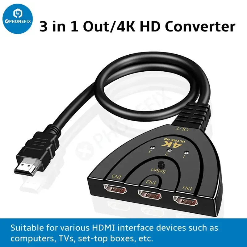 Commutateur automatique multi-écrans HDMI 3 entrées 1 sortie avec câble HDMI de 0.4 m