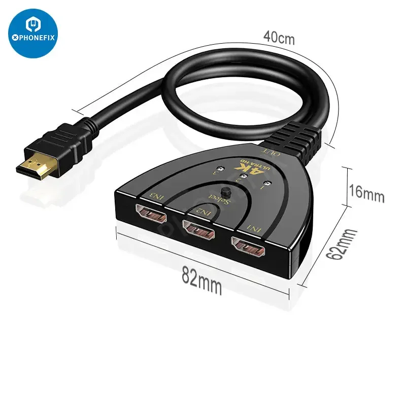 Commutateur automatique multi-écrans HDMI 3 entrées 1 sortie avec câble HDMI de 0.4 m