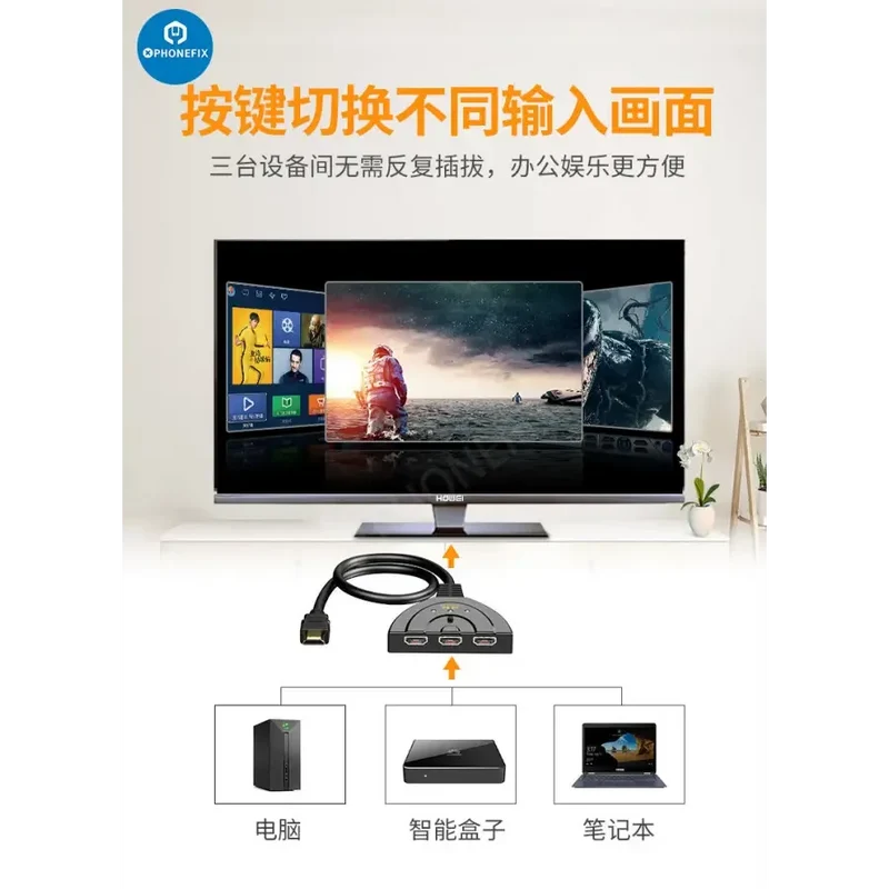 Commutateur automatique multi-écrans HDMI 3 entrées 1 sortie avec câble HDMI de 0.4 m