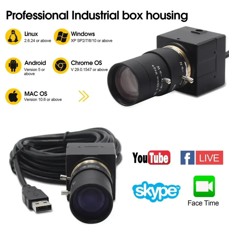 Webcam USB 8MP, objectif varifocal, caméra industrielle haute vitesse, vision industrielle
