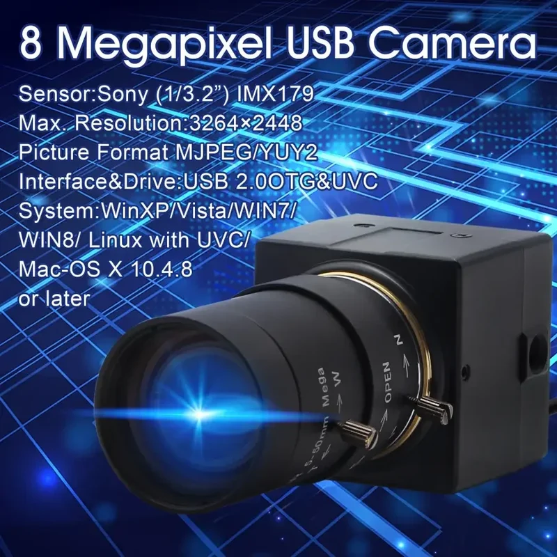 Webcam USB 8MP, objectif varifocal, caméra industrielle haute vitesse, vision industrielle
