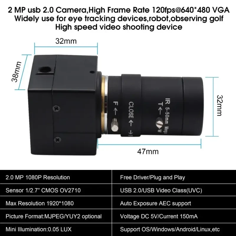 Caméra industrielle USB HD 1080P 100 ips CMOS Webcam haute vitesse OV2710