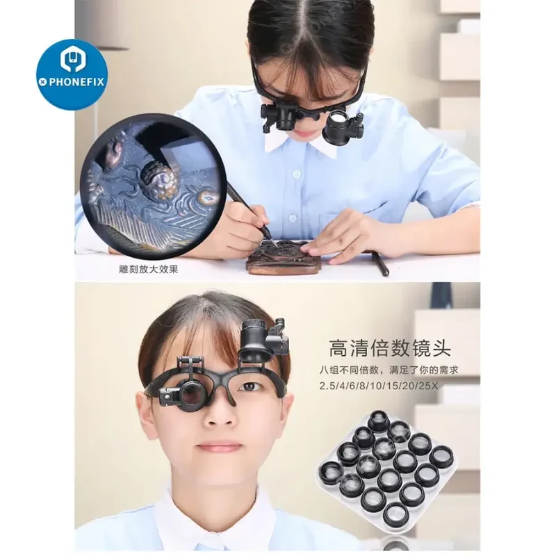 Loupe binoculaire 2.5X-25X avec lumière LED, outil de réparation