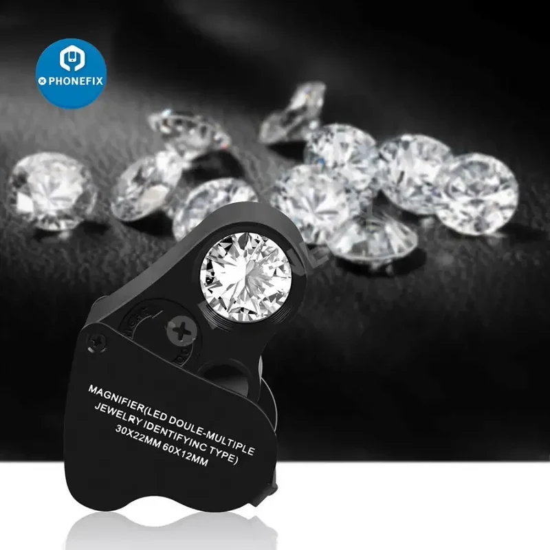 Loupe de bijouterie pliable 30X-60X avec lumière LED et outil d'assistance à la réparation