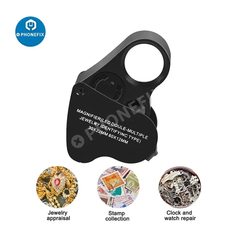 Loupe de bijouterie pliable 30X-60X avec lumière LED et outil d'assistance à la réparation