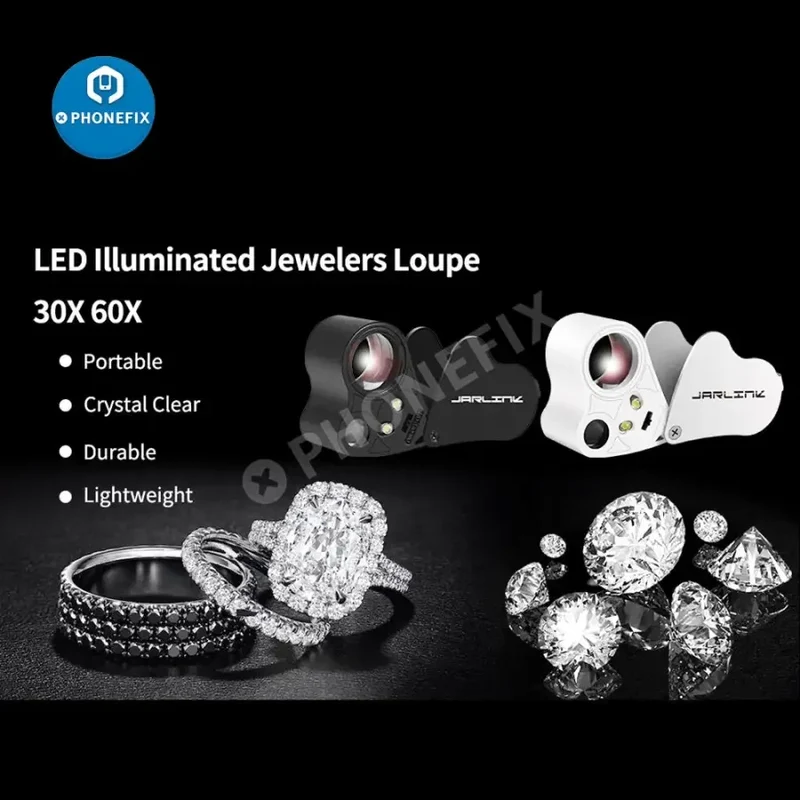 Loupe de bijouterie pliable 30X-60X avec lumière LED et outil d'assistance à la réparation