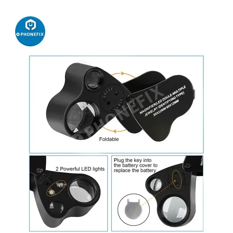 Loupe de bijouterie pliable 30X-60X avec lumière LED et outil d'assistance à la réparation