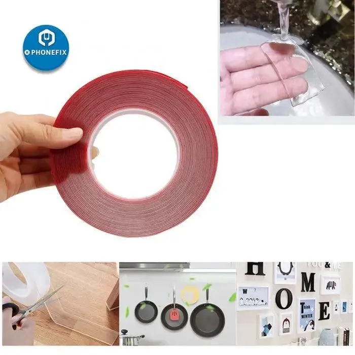 Film PET rouge adhésif double face résistant, 1 mm x 10 m de long, sans trace