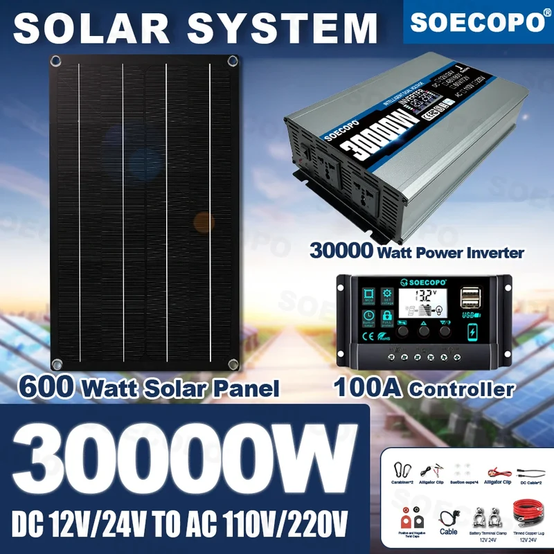 SOECOPO 30000W Solar System Kit 600W Photovoltaic Panel Inverter 12V/24V To 110V/220V with 100A Controller for Home Camping