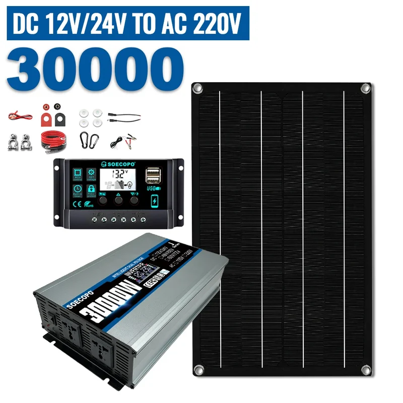 SOECOPO 30000W Solar System Kit 600W Photovoltaic Panel Inverter 12V/24V To 110V/220V with 100A Controller for Home Camping