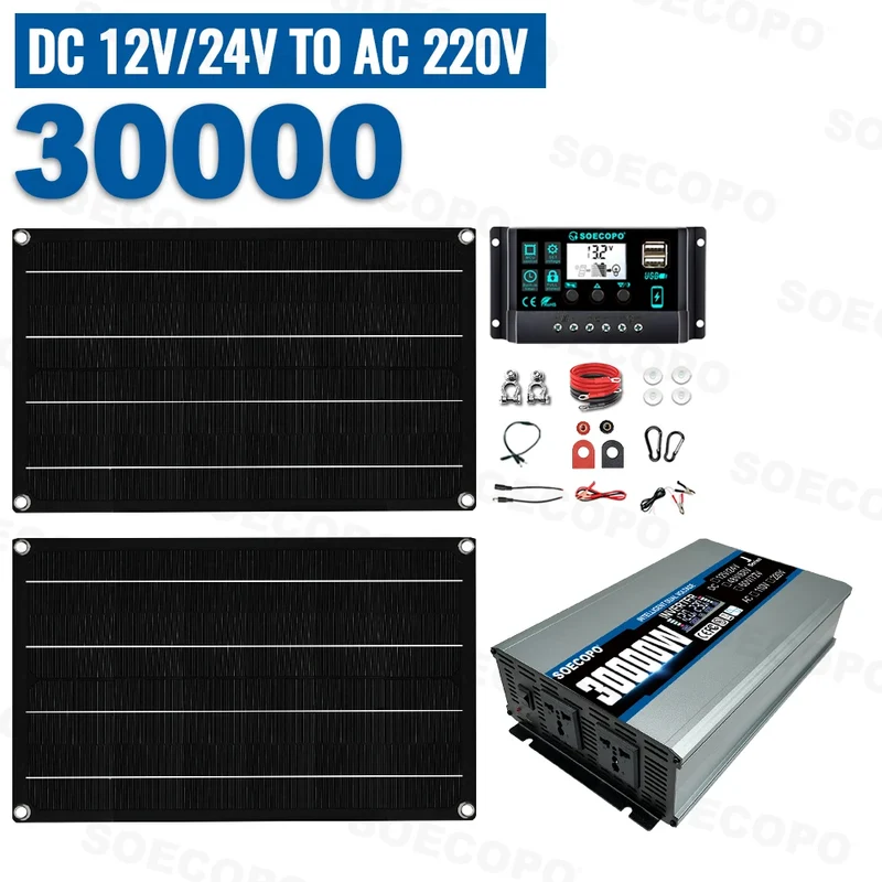 SOECOPO 30000W Easy-Install Flexible Solar Kit 2×600W Panel 100A Controller 110V 220V Inverter for Car,RV,Boat/Home Backup Power