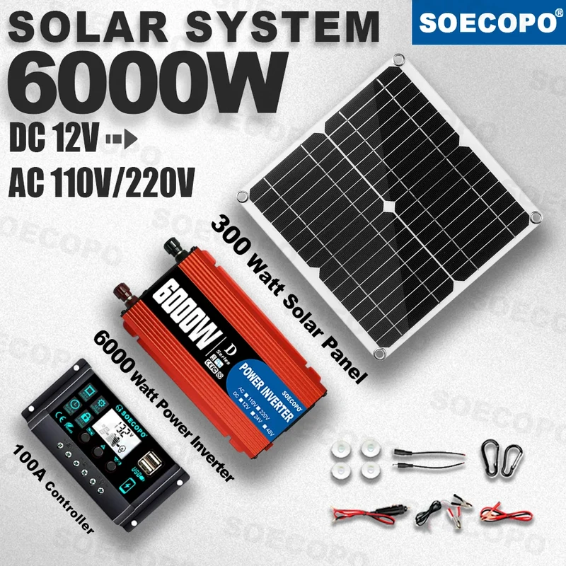 Multi-Protection No Noise 6000W Solar kit 300W Panel 100A Controller Inverter with Overload for car Emergency Prep RV Greenhouse