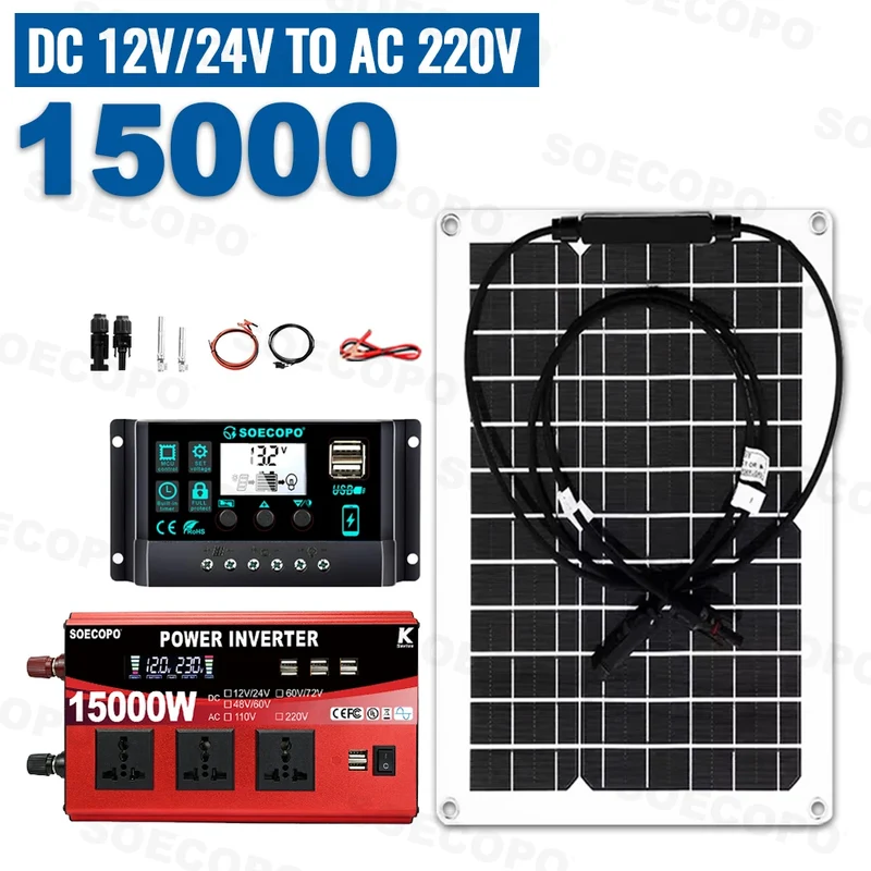 15000W Peak Solar System Kit 600W Panel DC 12V/24V To AC 110V/220V Inverter 100A Controller Complete Off Grid For Camping/Home