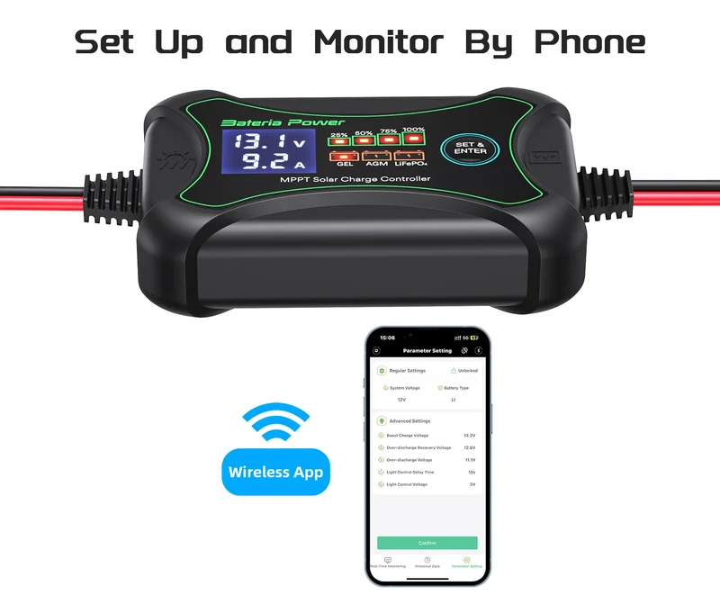 Bateria Power 10A MPPT Wireless Solar Charge Controller with BT 12 Volt Phone APP Intelligent Control Solar Regulator