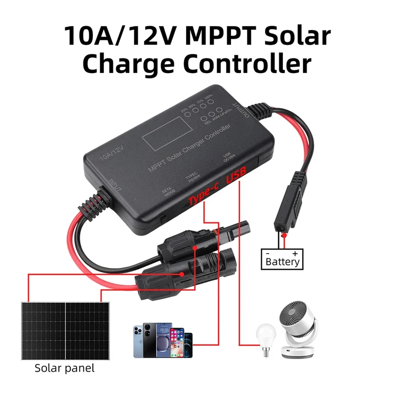 2026 New MPPT Solar Controller 12V 10A USB Type Port Solar Photovoltaic Controller For lead-acid And Lithium Batteries