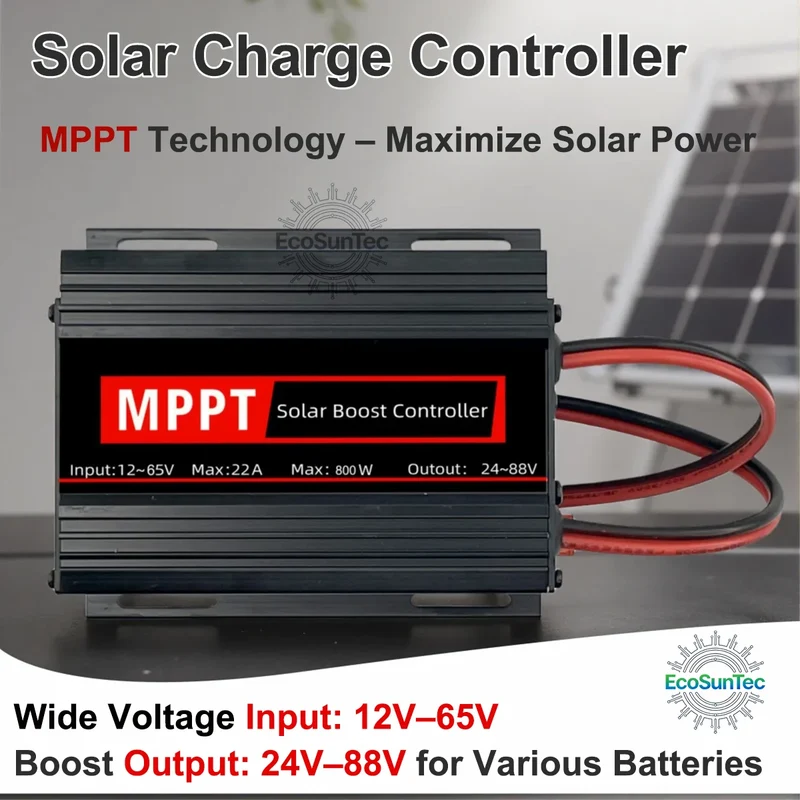 800W 22A MPPT Solar Boost Charge Controller, 12-65V Input to 24-88V Output for 24V-72V Lithium LiFePO4 Lead-Acid Batteries OLED