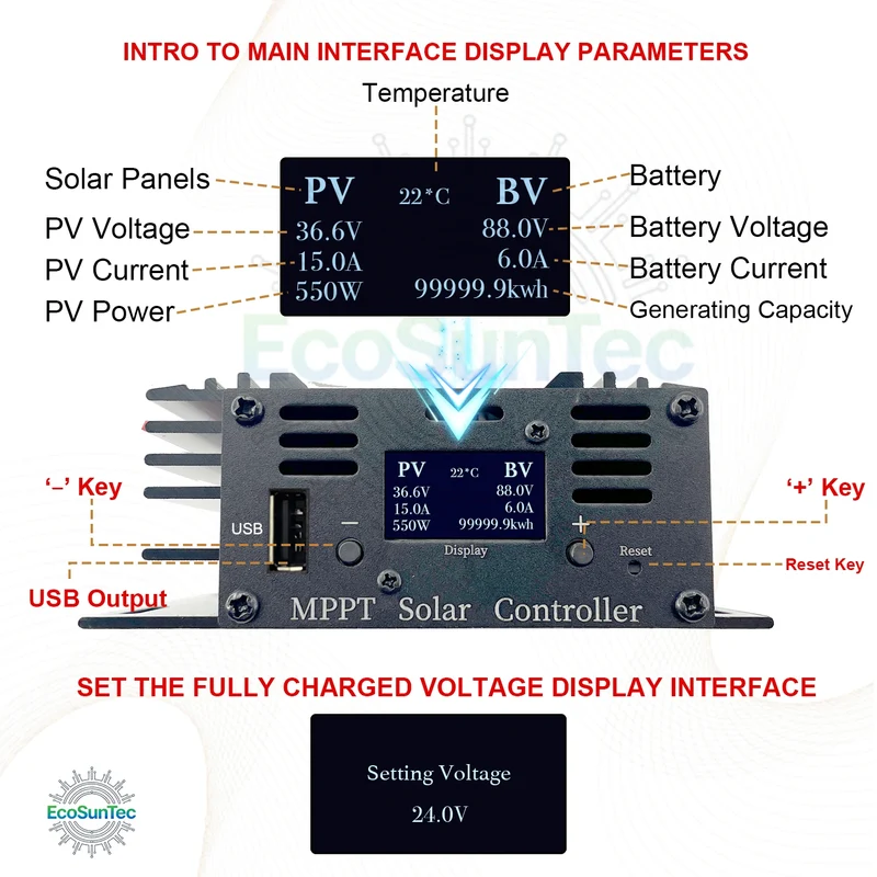 800W 22A MPPT Solar Boost Charge Controller, 12-65V Input to 24-88V Output for 24V-72V Lithium LiFePO4 Lead-Acid Batteries OLED