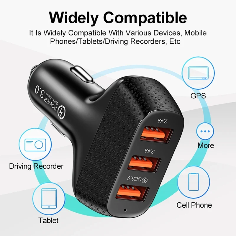 Car Charger 3 Ports USB 5V 2A Quick Charge 3.0 Phone Adapter For iPhone 13 12 Xiaomi Huawei Samsung S22 Car Cigarette Lighter