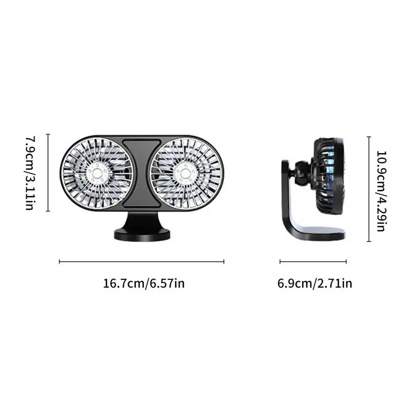 Car USB Fan With Dual Head Adjustable 3 Wind Speed USB Fan Strong Airflow Portable Quiet Electric Car Fan With LED Light