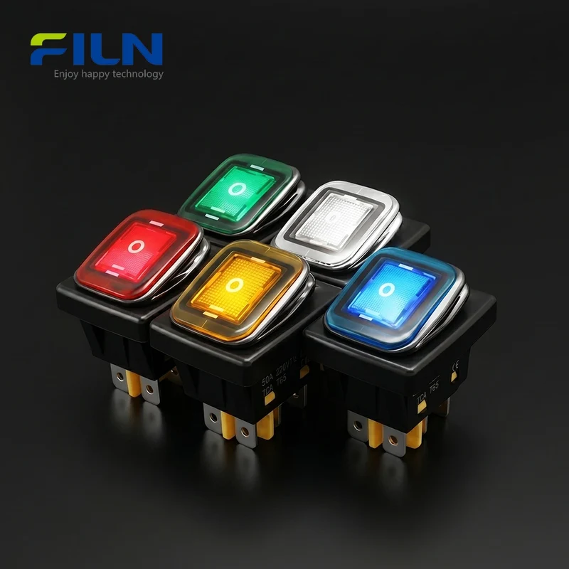 Rocker Switch 3 Position ON-OFF-ON Illuminated 30x22mm 30A Waterproof KCD4 6Pin FILN