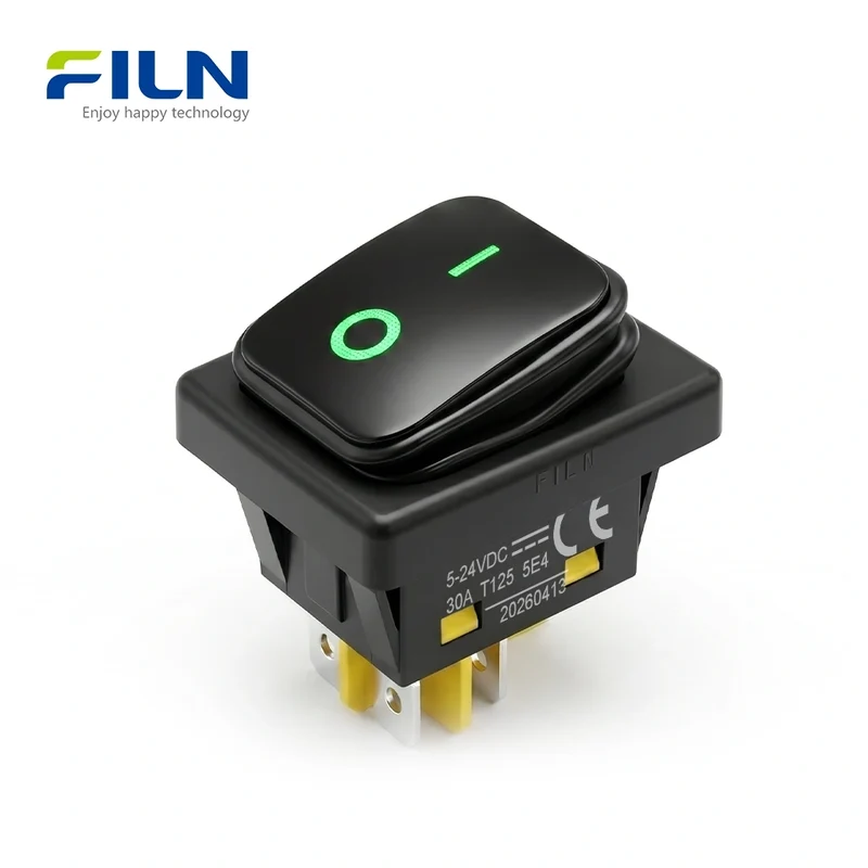 Rocker Switch DPST 30A 250VAC Waterproof KCD4 4-Pin Black Spray Finish Rocker Switch ON-OFF FILN