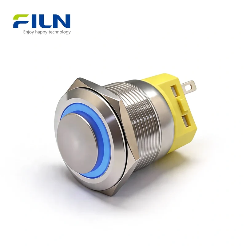 Push Button 12 Volt Switches 22mm Stainless Steel 5-Pin High Head with LED Ring FILN