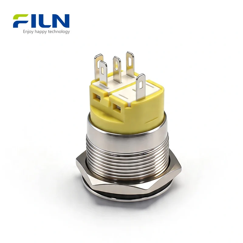 Push Button 12 Volt Switches 22mm Stainless Steel 5-Pin High Head with LED Ring FILN