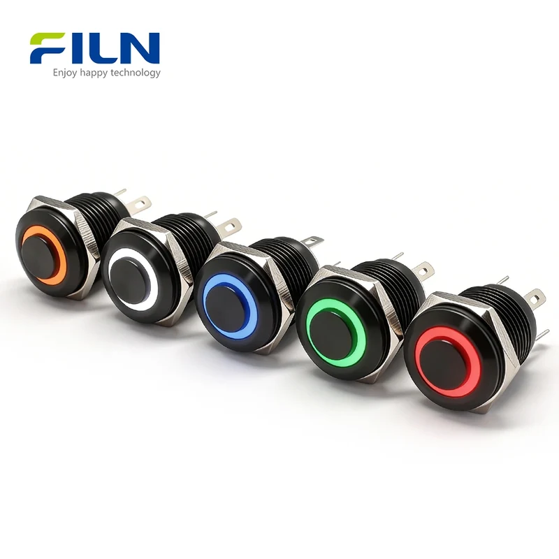 12V Push Button Momentary Switch 16mm Stainless Steel 4-PIN Ring LED Light FILN