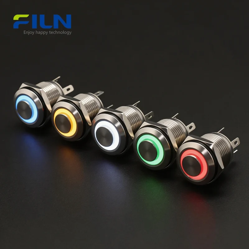 12V Push Button Momentary Switch 16mm Stainless Steel 4-PIN Ring LED Light FILN