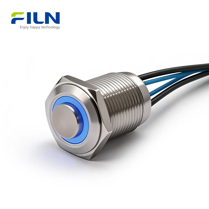 Metal Ring LED Push-Button Switch 12V-220V 4-Pin Pre-wired Waterproof IP65 Stainless Steel Momentary/Latching FILN