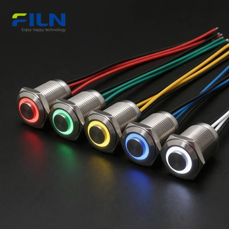 Metal Ring LED Push-Button Switch 12V-220V 4-Pin Pre-wired Waterproof IP65 Stainless Steel Momentary/Latching FILN