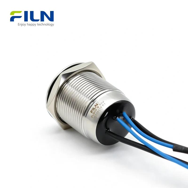Metal Ring LED Push-Button Switch 12V-220V 4-Pin Pre-wired Waterproof IP65 Stainless Steel Momentary/Latching FILN