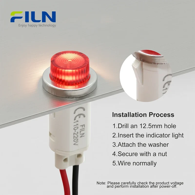 Plastic Pilot LED Lights 12.5mm 6V-220V PA66 Wire Lead Snap-in for FILN