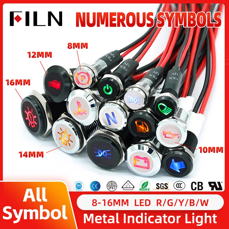 FILN 14MM Metal Symbol Indicator Light 12V R/G/Y/B/W LED light
