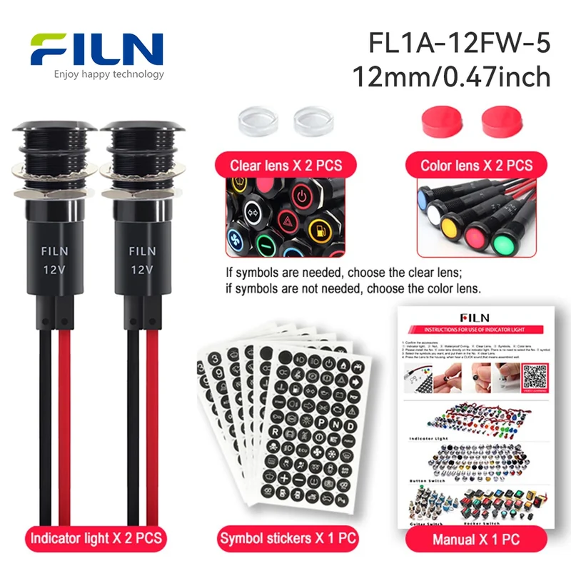 Dashboard Symbol Indicator Light 12-24V 8mm 12mm IP67 Marine FILN