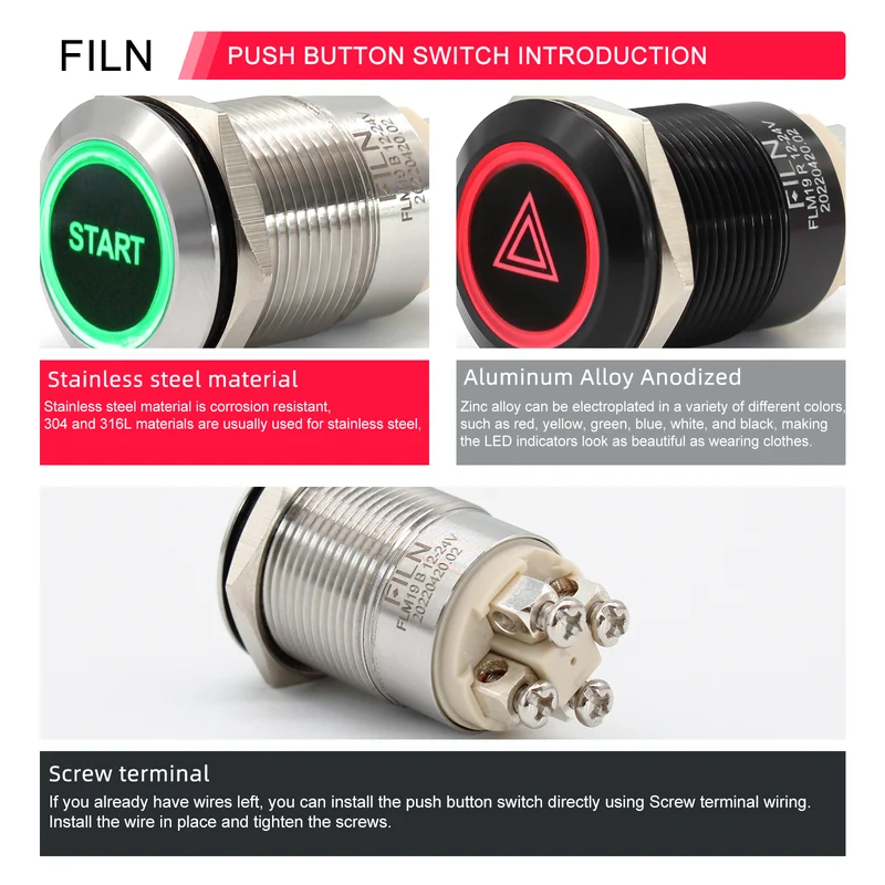 FILN Push Button Switch 19MM Waterproof 12V 5A Ring Screw Pins LED Momentary Normally Open Latching type Normally Closed Push Button ON OFF Car Marine Switches