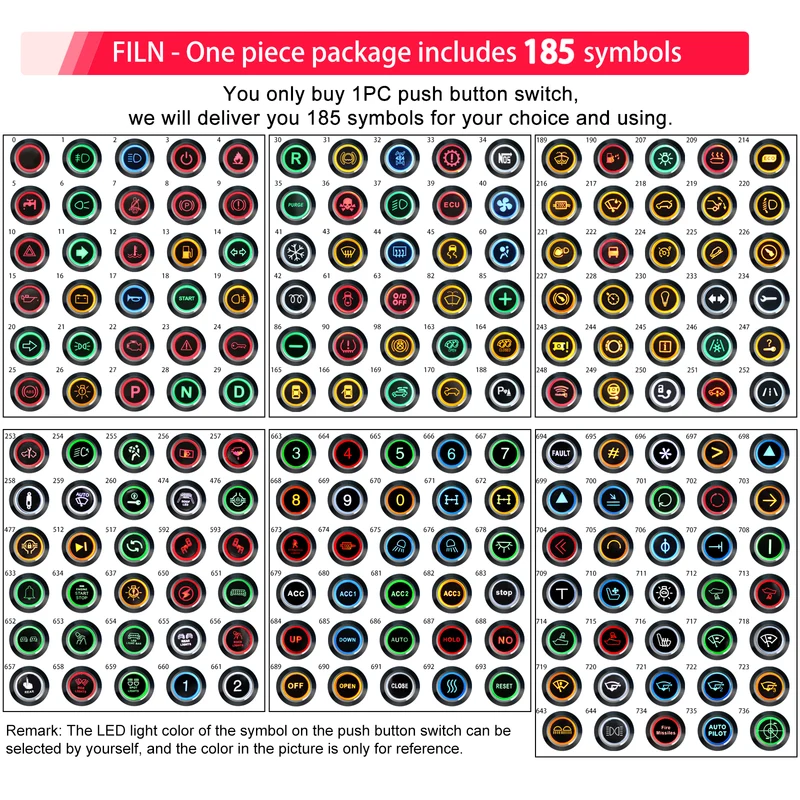 FILN Twin Metal Symbol Push Button Switches with 12V LED Light, Momentary/Latching Option, and 185 Symbol Options Available